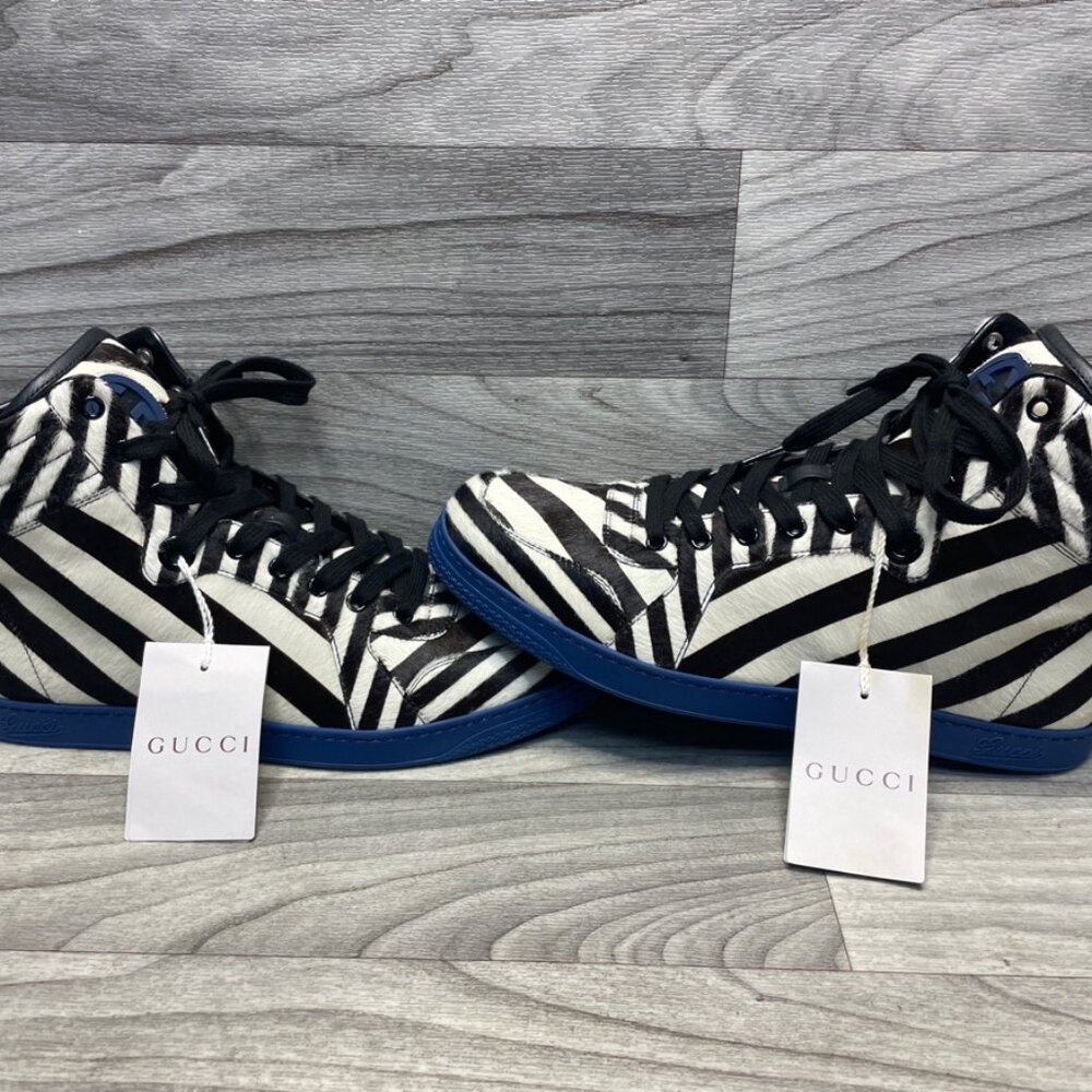 Gucci Men’s Zebra Calf Hair High-Top Sneakers Sz 10.5 – Style 353412 – w/ Box